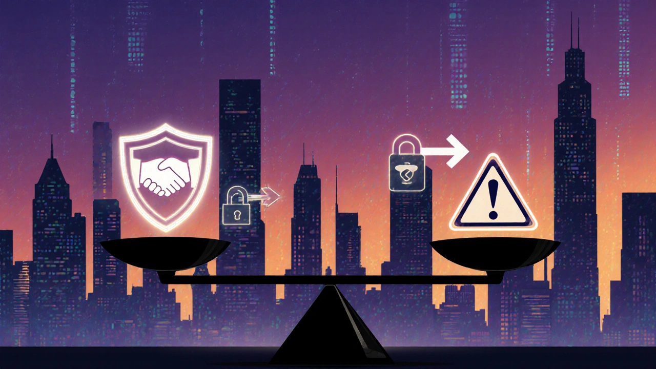 Conceptual scale showing IEO benefits versus risks against a cyber‑city backdrop.