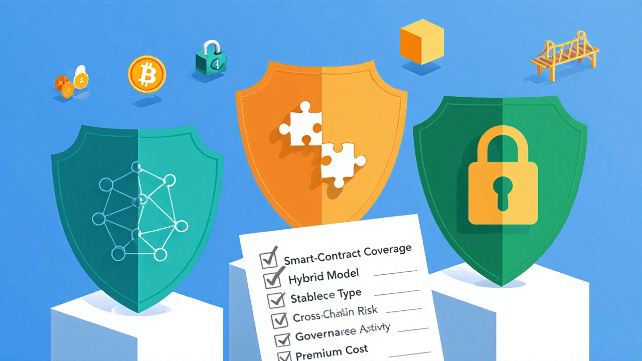 Flat design comparison of three DeFi insurance protocols represented by stylized shields and icons.