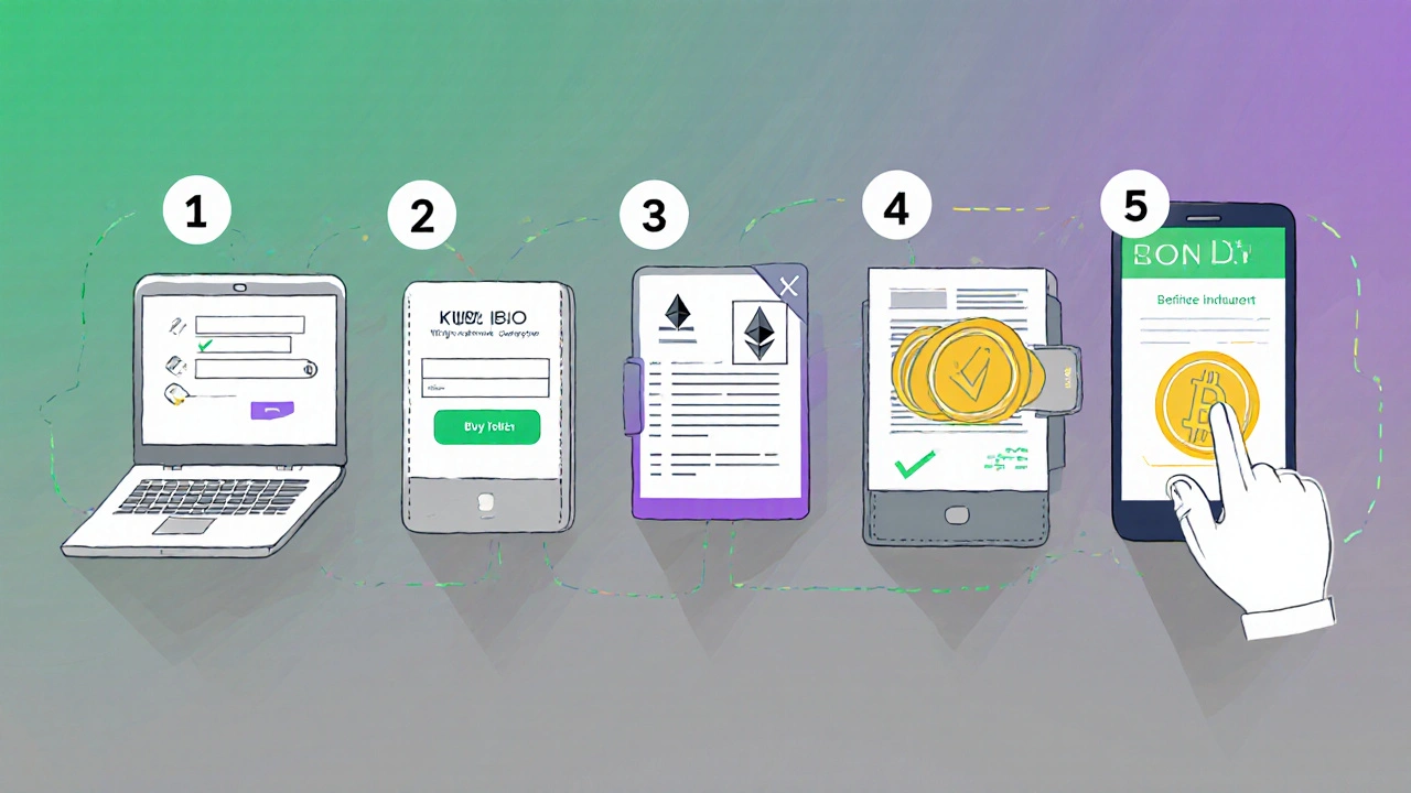 Illustrated step-by-step guide of an investor joining an IEO, from login to receiving tokens.