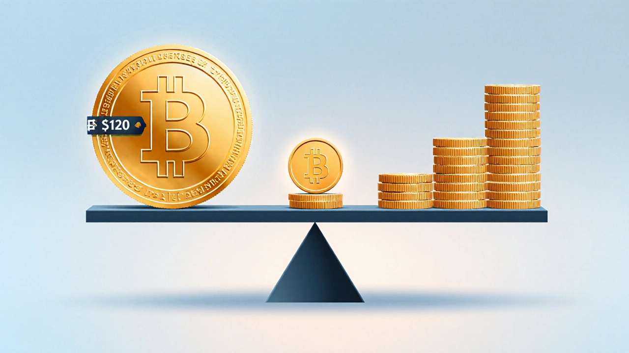 Illustration of Bitcoin versus a low‑price token with massive supply stacks.