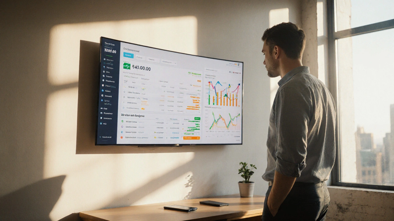 Investor in a loft viewing crypto rank alerts on a large screen.