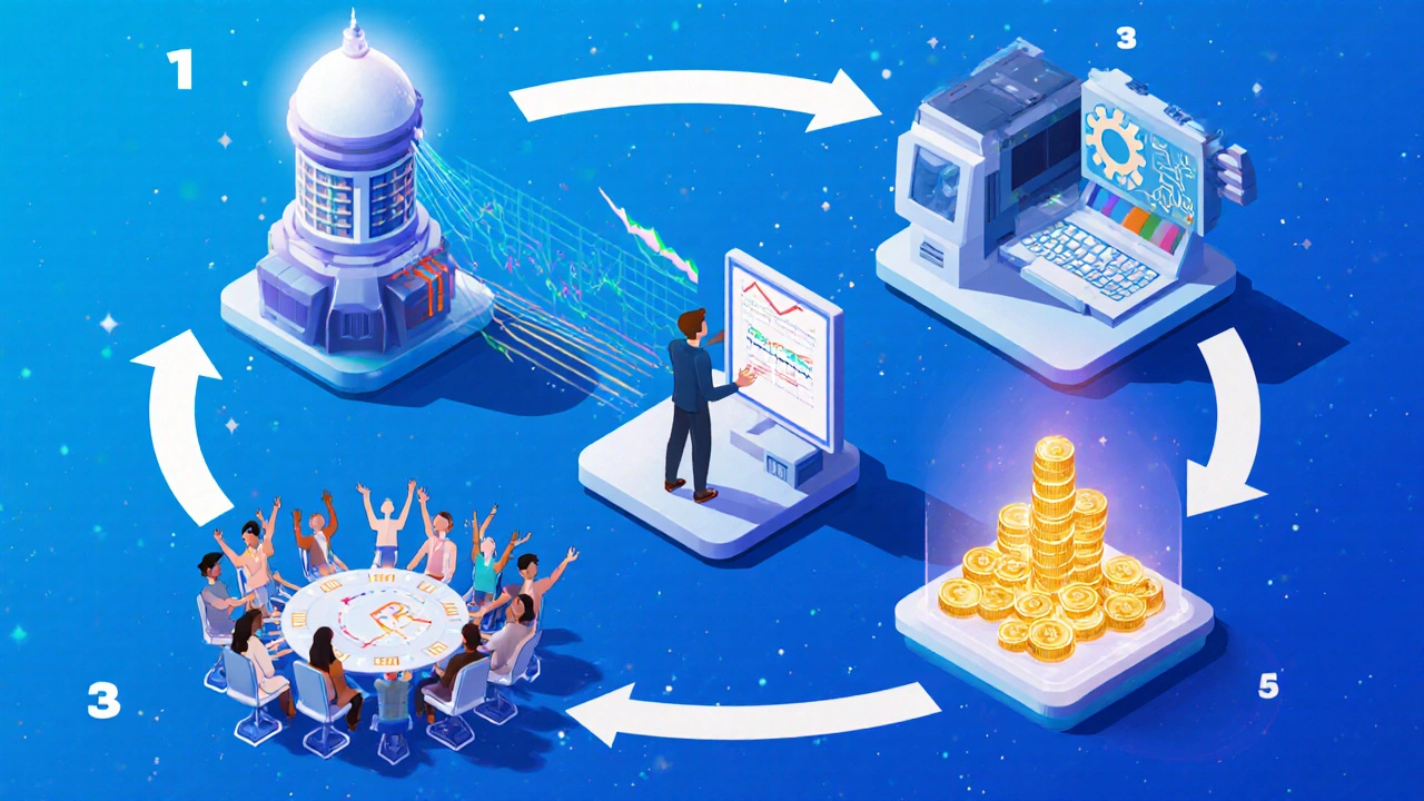 Isometric comic‑style panels showing oracle detection, claim submission, verification, voting, and payout.