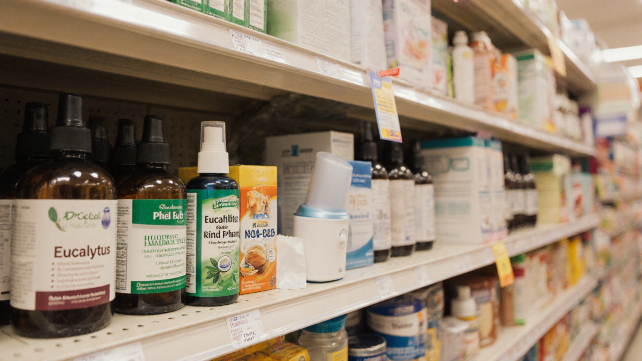 Pharmacy shelf displaying drugstore products for home steam inhalation remedies.