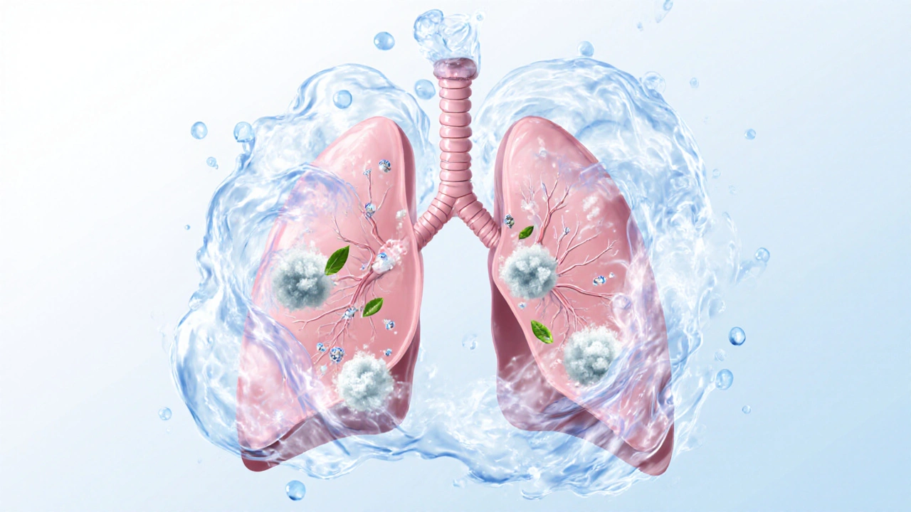 Scientific illustration of steam and molecules helping clear mucus from lungs.