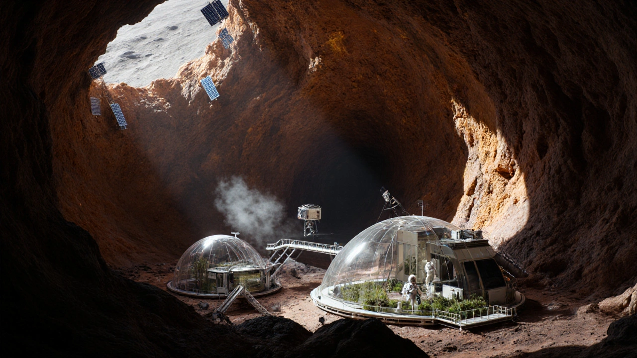 A lunar base inside a lava tube with entry ramps and green domes, lit by warm interior lights.