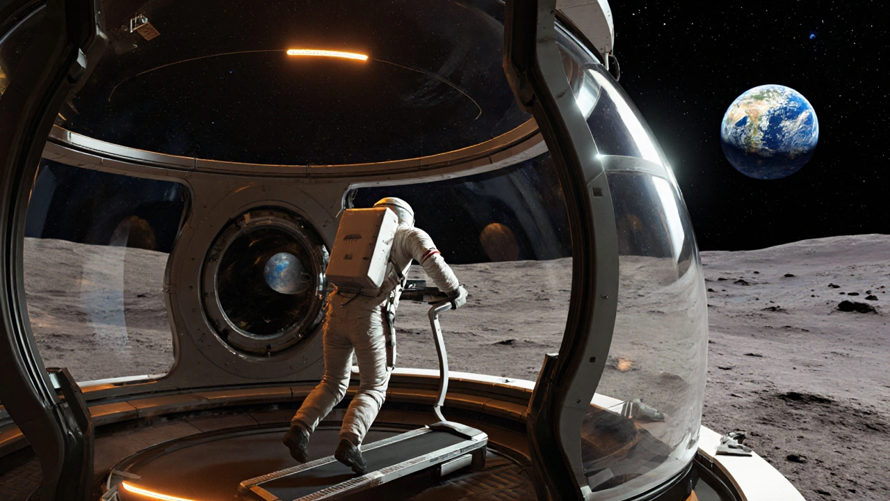 Astronaut exercising on a treadmill inside a rotating centrifuge habitat on a lunar base.