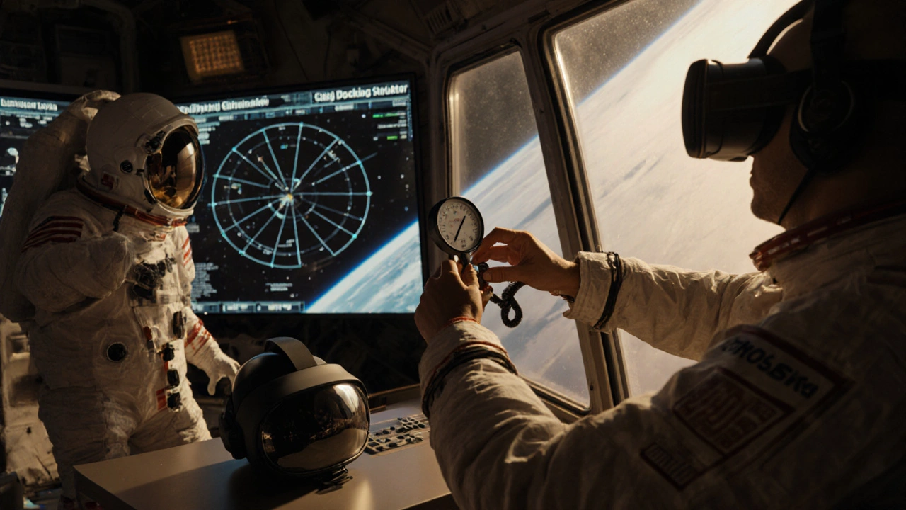 Astronauts in a mock ISS vestibule practice pressurization and leak‑check during a docking drill.