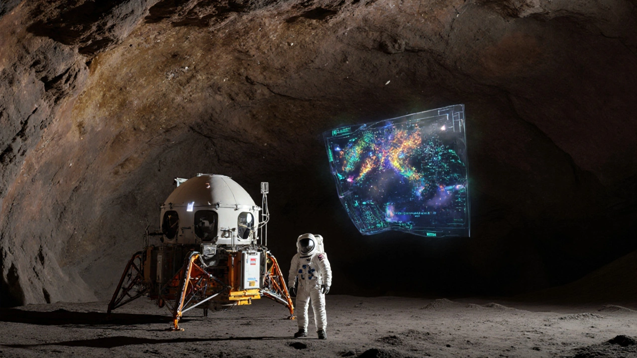Astronauts inside a lunar lava tube habitat with sensors and a holographic tunnel map.