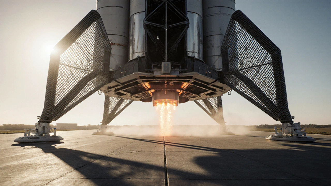 Block 5 booster hovering above Cape Canaveral pad, landing legs spread, engine flare glowing.