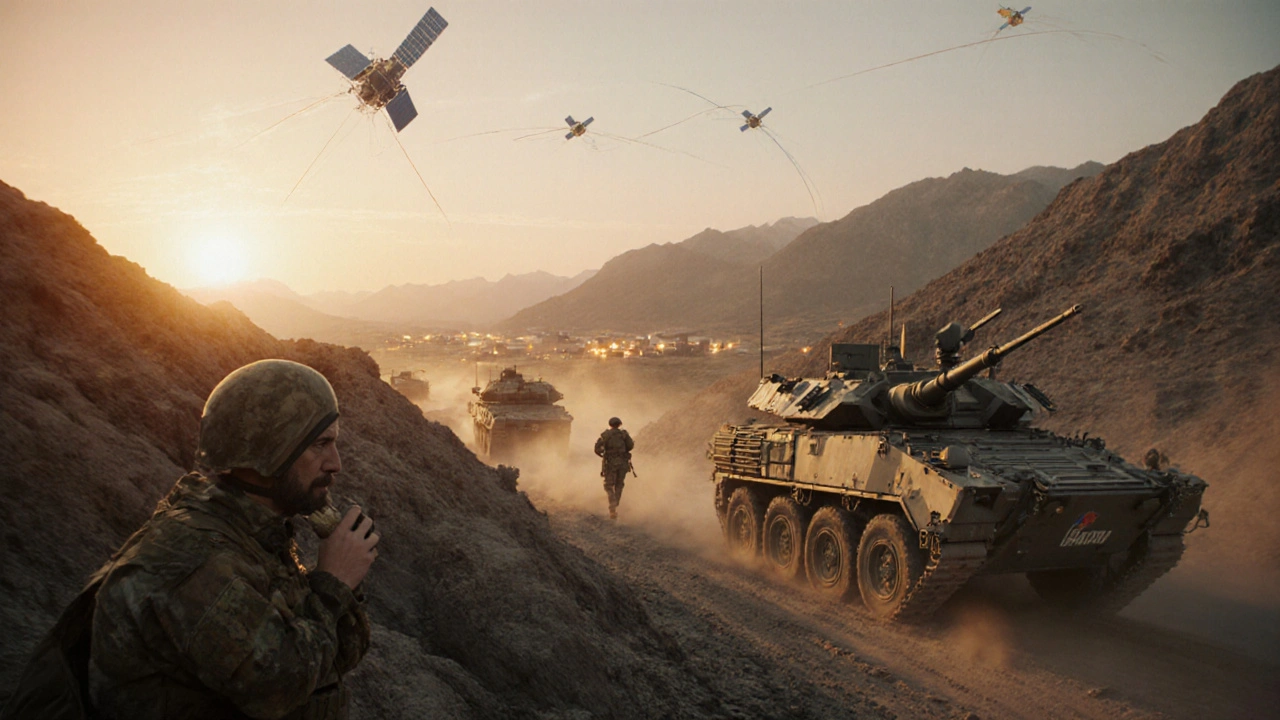 CSTO troops advancing through mountain passes at sunrise with satellite links above.