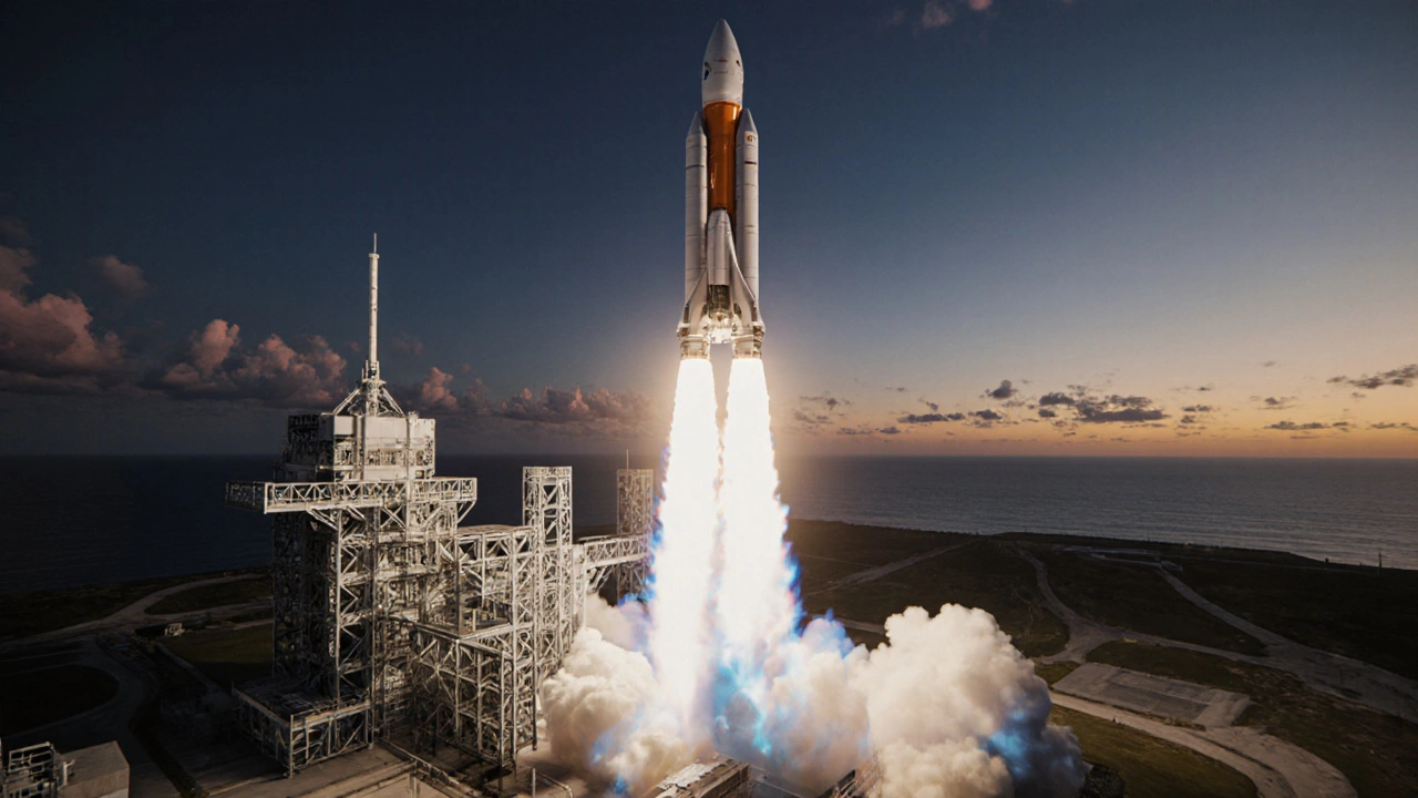 Falcon 9 launching at sunrise from Kennedy Space Center.