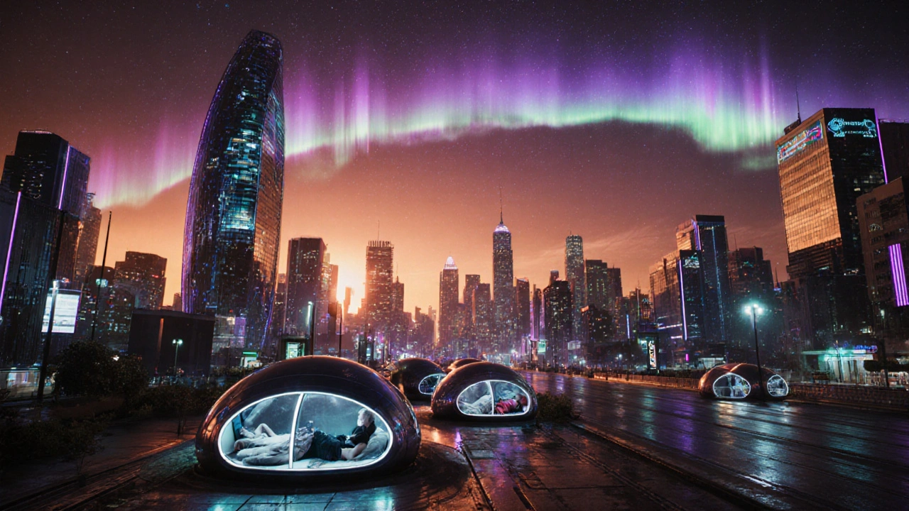 Futuristic city at dusk with adaptive lighting and people taking short naps.