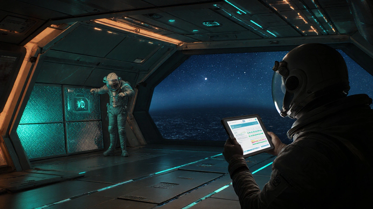 Futuristic habitat interior with glowing VOC sensors, graphene-coated walls, and a crew member inspecting a vent panel.