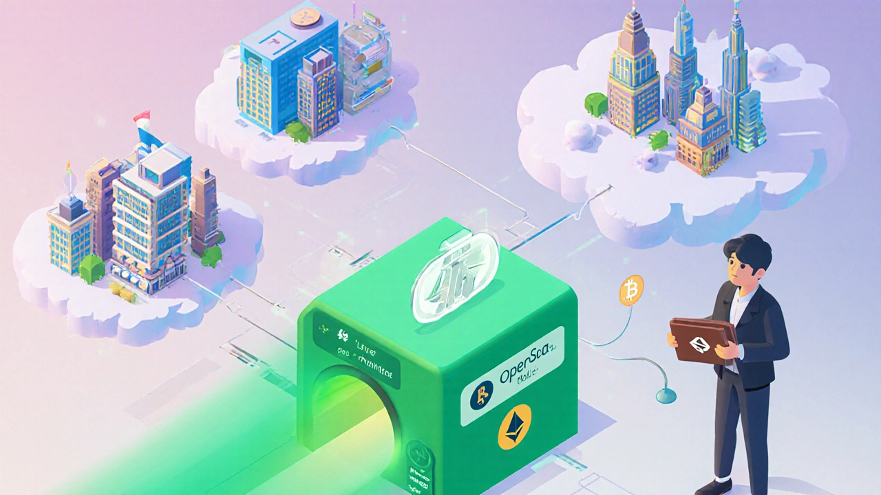 Futuristic isometric view of connected NFT marketplace hubs with a green layer‑2 tunnel for low fees.