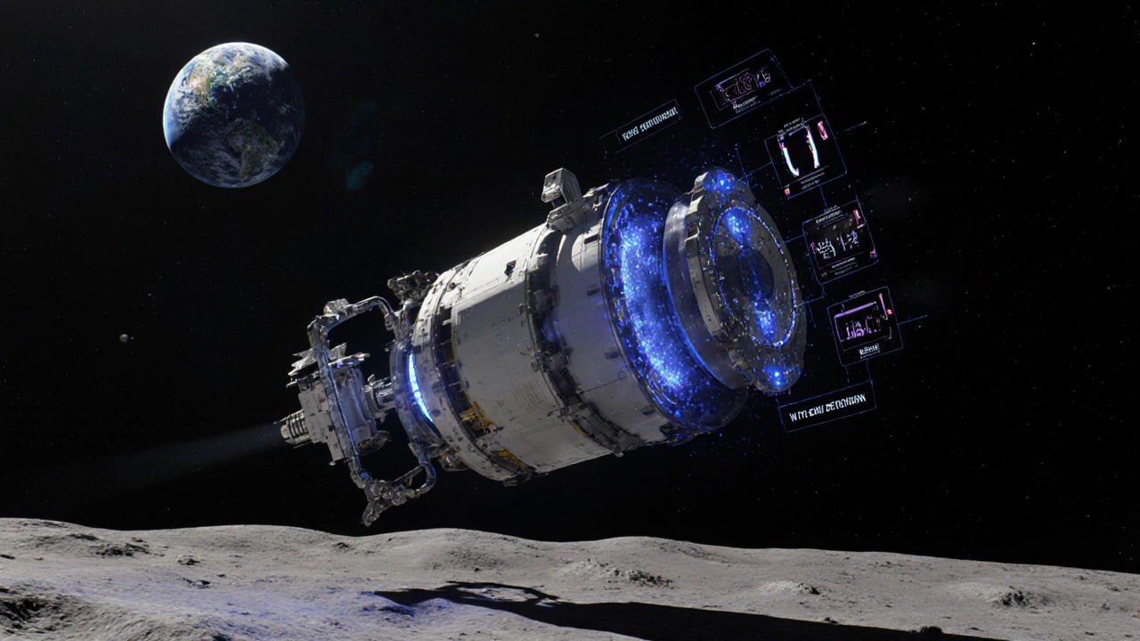 Futuristic spacecraft automatically docks to a universal module using glowing magnetic clamps and AI readouts.