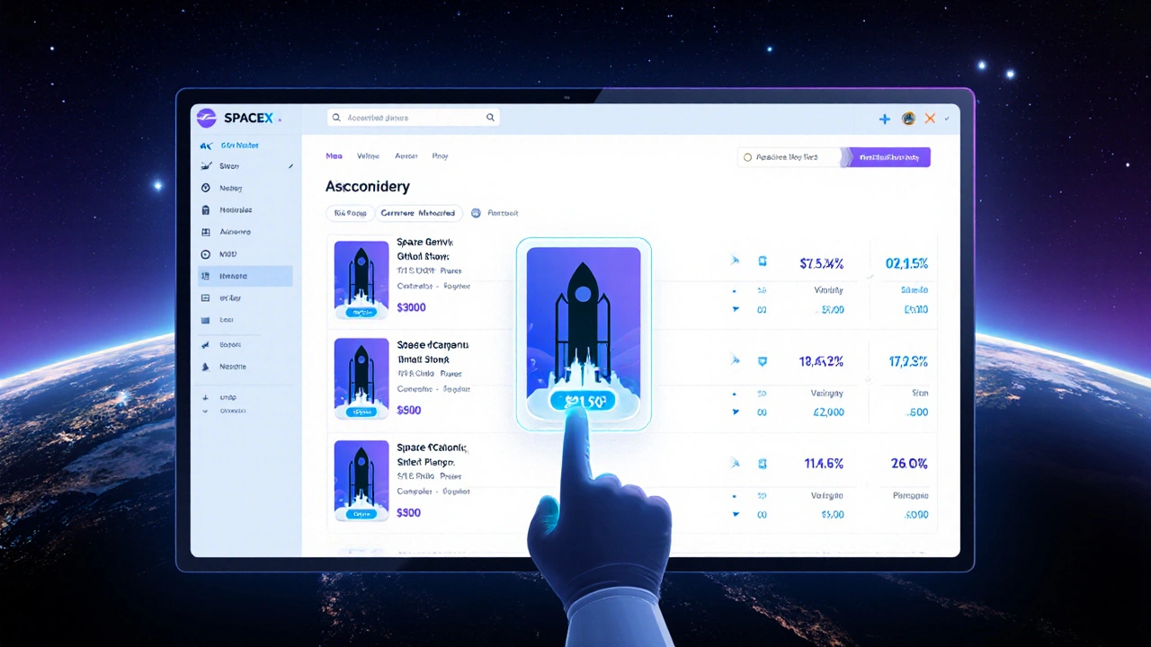 Hand clicks a buy button on a digital platform showing a rocket icon among private stock listings.