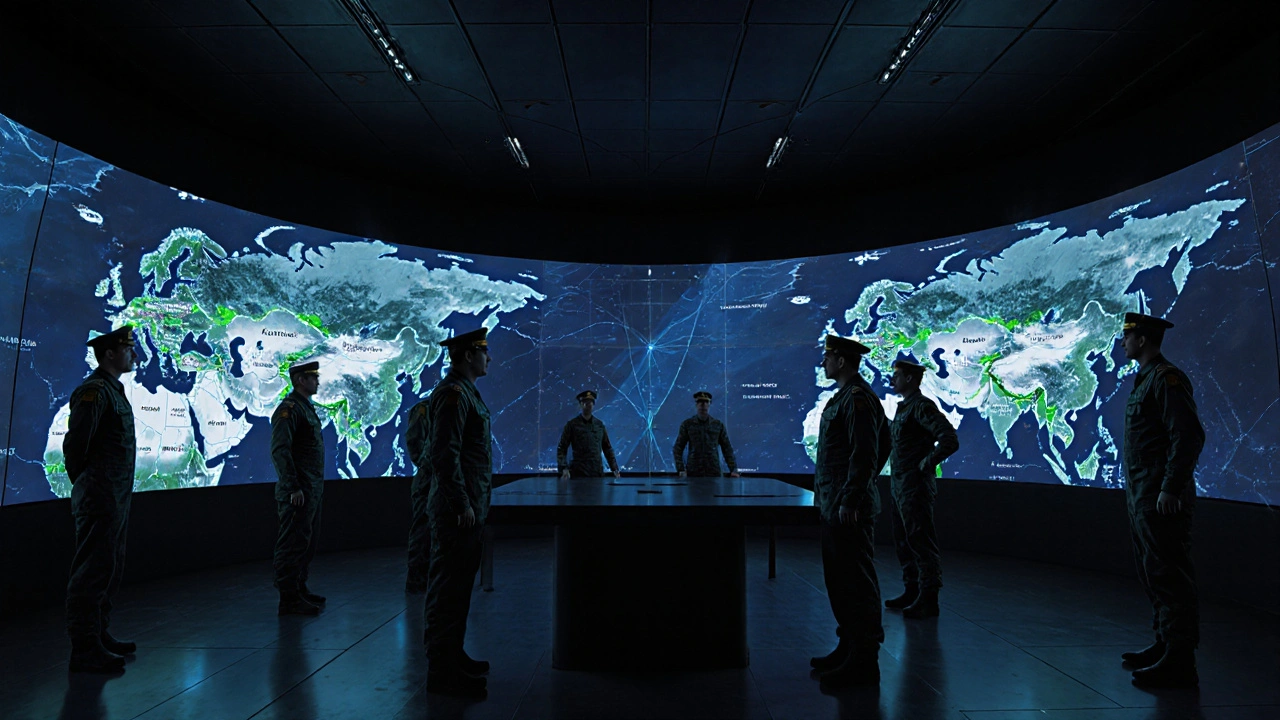 High‑tech CSTO command centre with holographic maps and officers monitoring satellites at night.