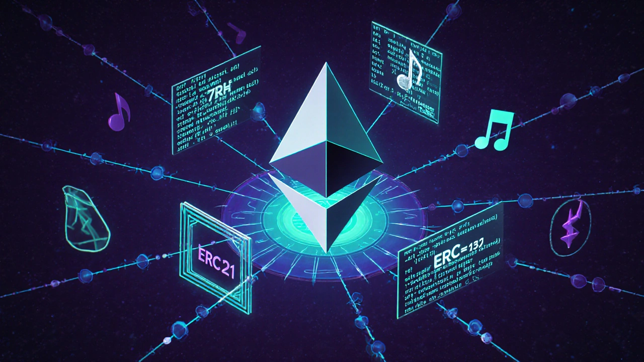 Holographic code with ERC‑721 and ERC‑1155 symbols swirling around an Ethereum logo.