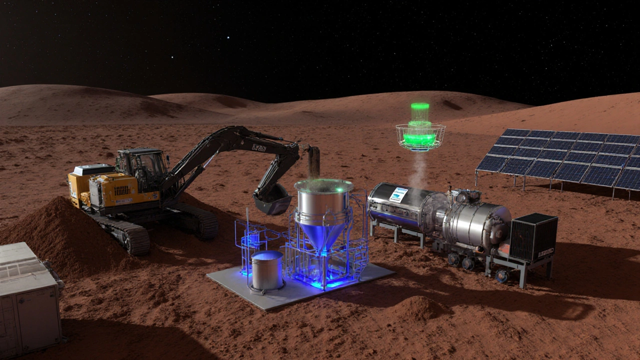 Hybrid water extraction plant on Mars with drill, microwave, CO₂ and water loops.
