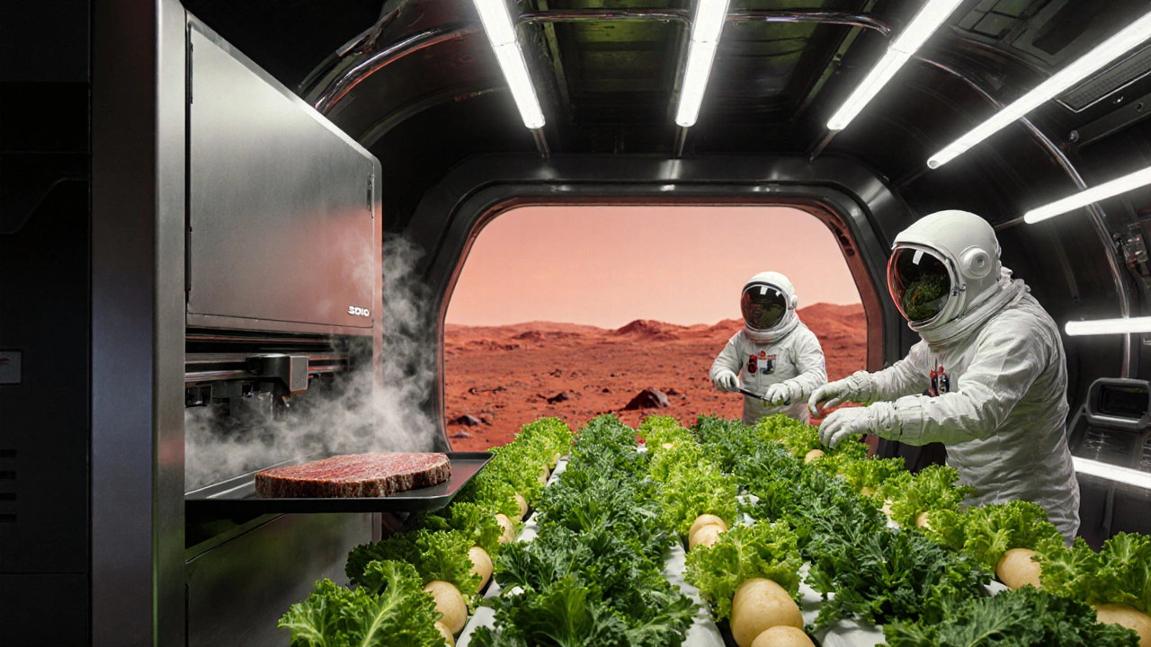 Hydroponic bay on a Mars habitat with lettuce, a 3D food printer, and crew tending plants.