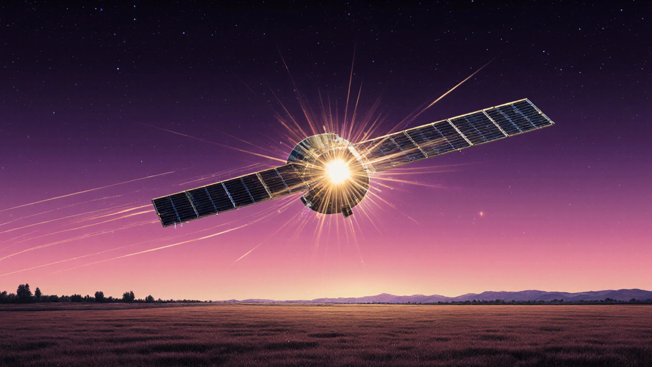 Illustration of a glinting Starlink satellite streaking in colorful twilight.