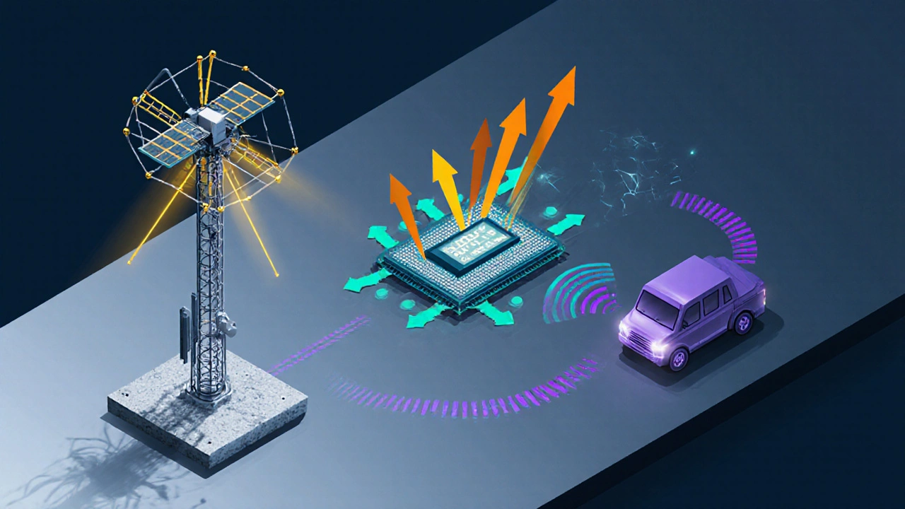 Isometric diagram of a reference antenna receiving satellites, processing errors, and broadcasting corrections to a rover.