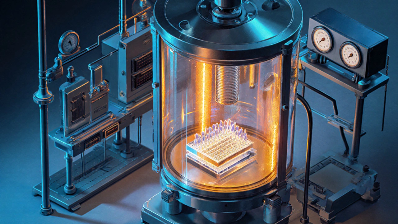 Isometric illustration of a vacuum bake outgassing test showing a sample on a scale and condensate collected on a cold quartz crystal.