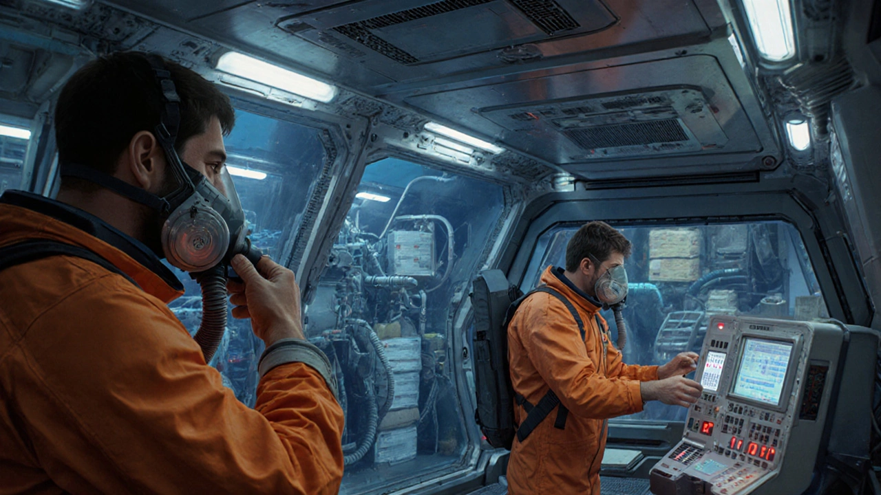ISS interior during drill, crew checking oxygen mask and control panels.