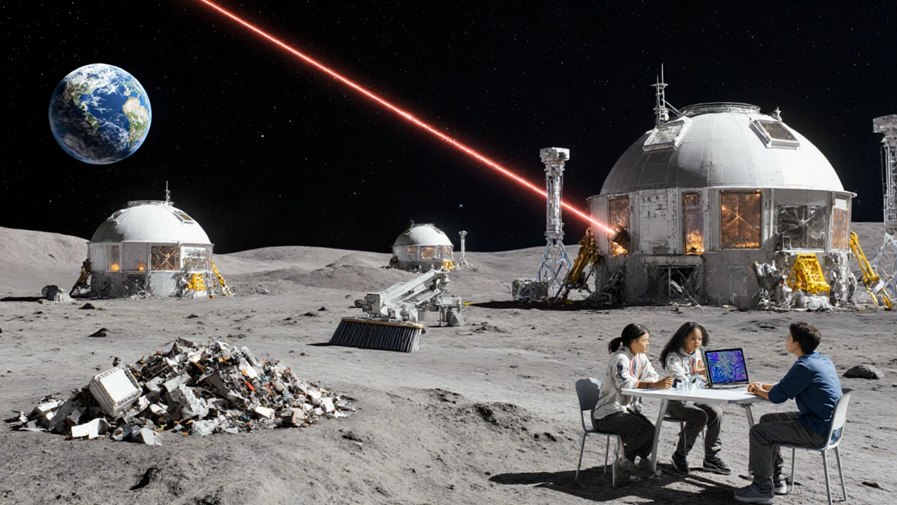 Lunar base with debris‑removing laser and students analyzing satellite data.