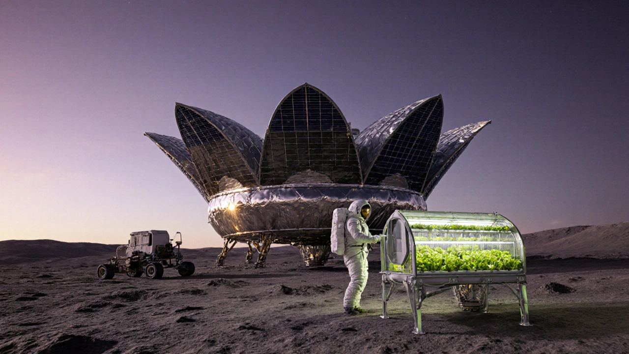 Lunar habitat at dusk with solar arrays, greenhouse, and astronaut inspecting equipment.