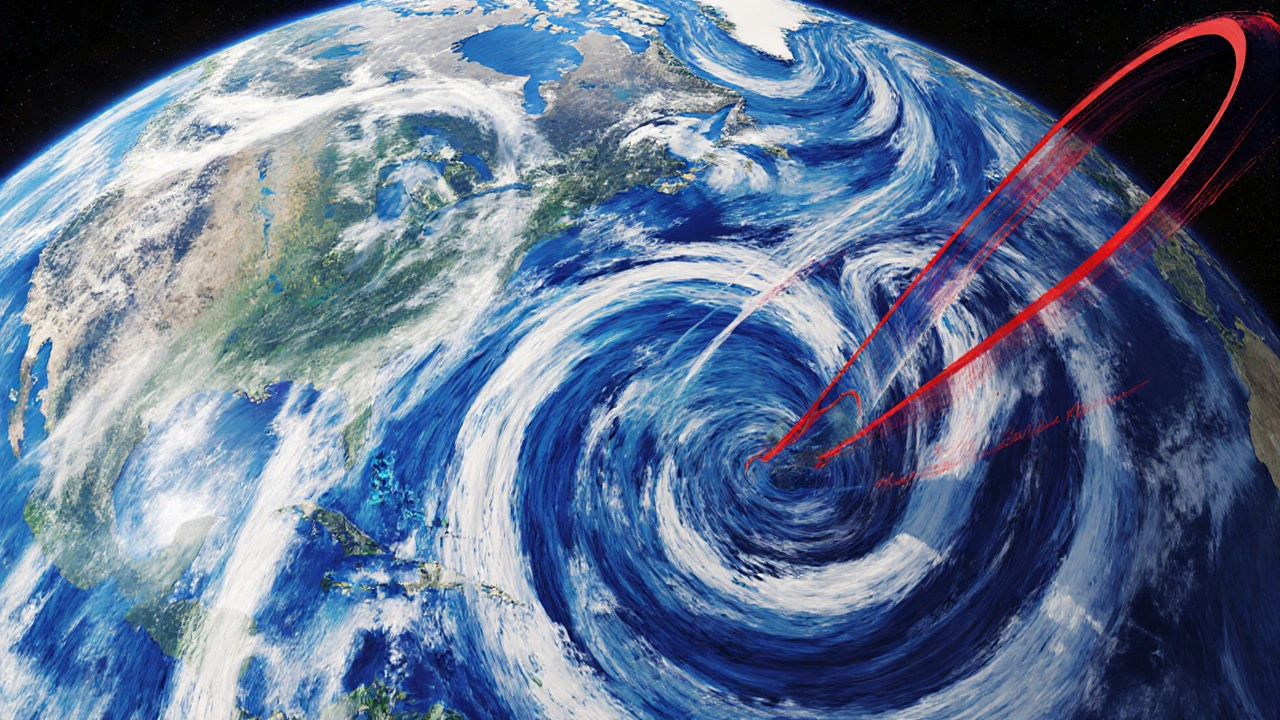Map view of Earth with narrow climate bands and tightly spiraled storms.