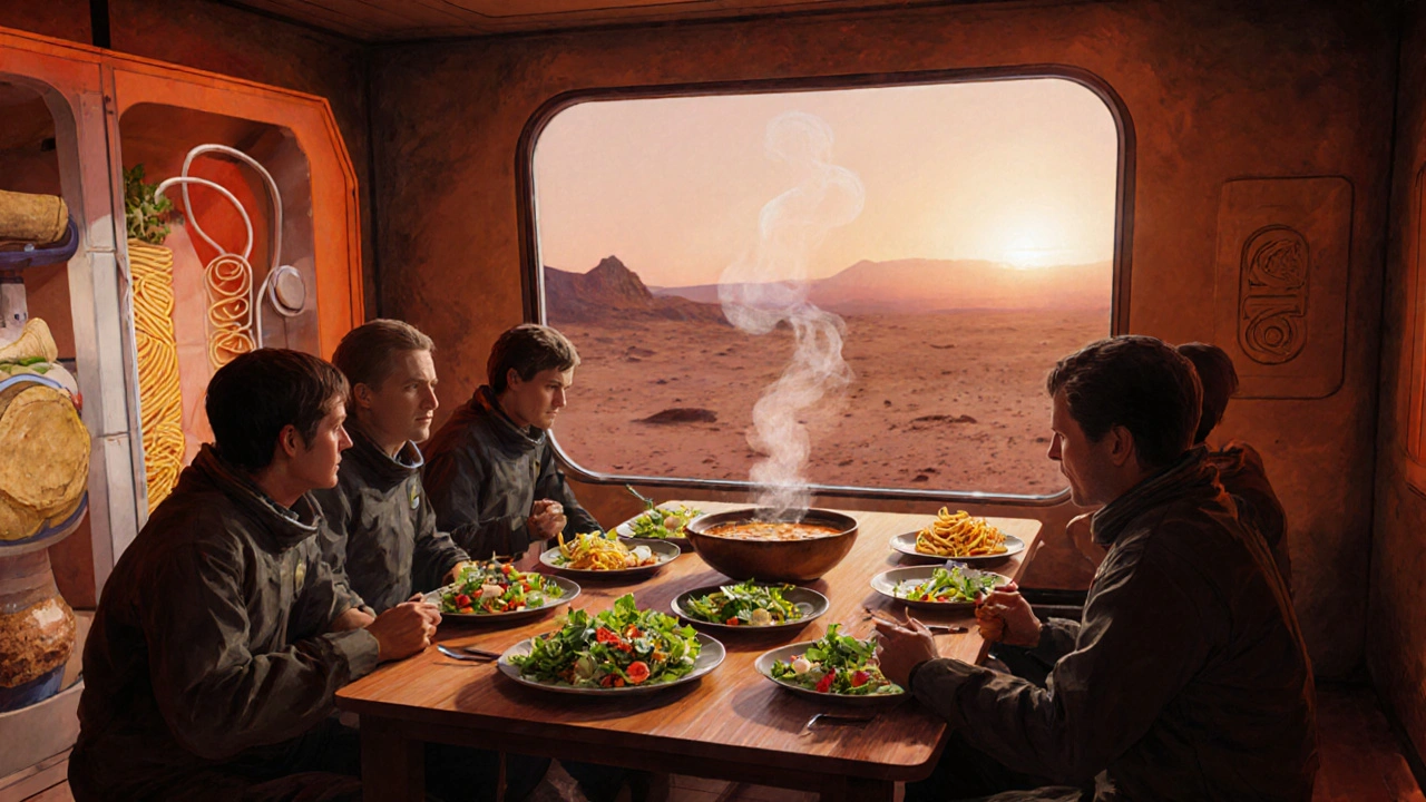 Mars crew sharing a varied meal in a communal dining module, boosting morale.