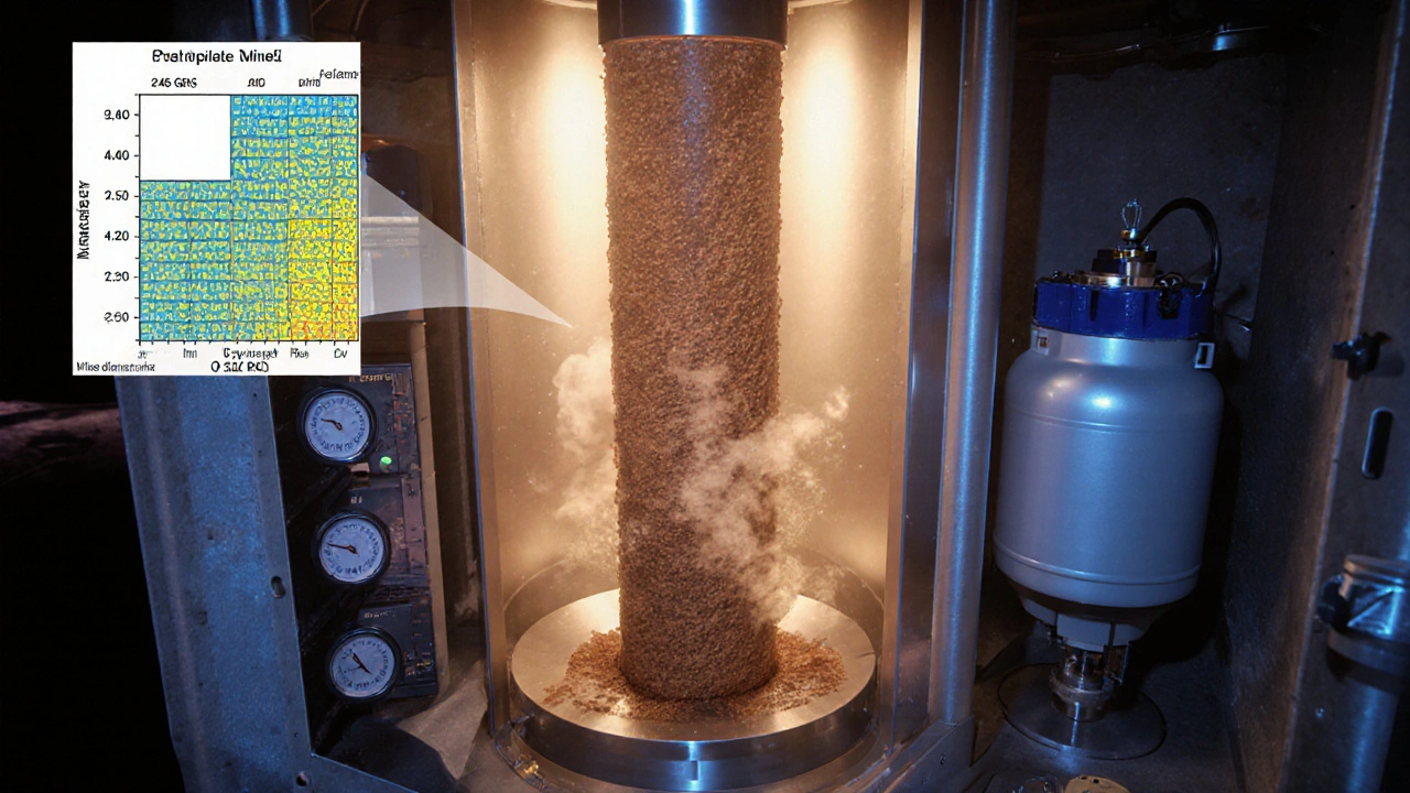 Microwave chamber heating regolith, showing vapor rising to a chilled tank.