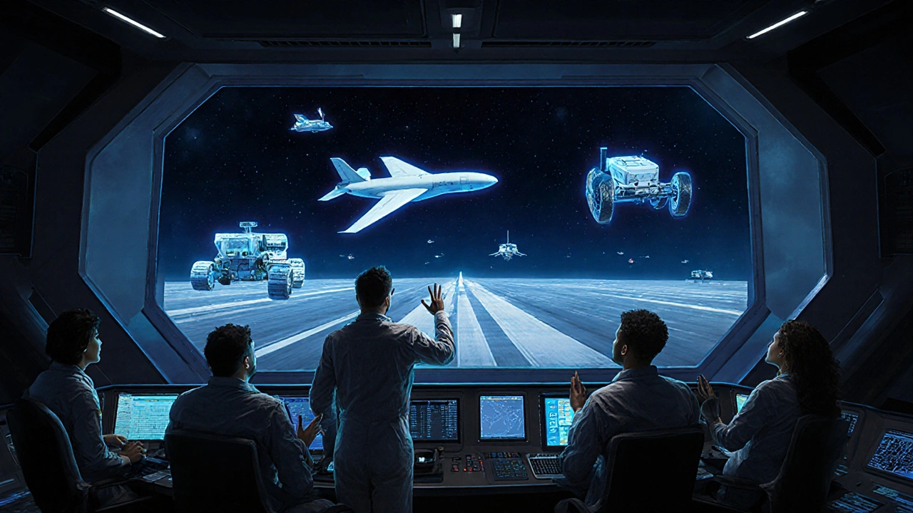 Mission control team monitoring crewless spacecraft on holographic displays.