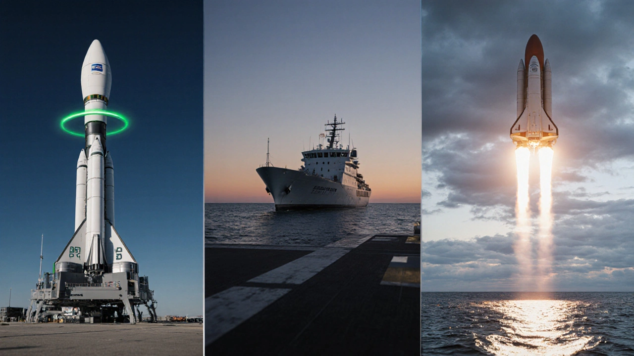 Montage of a Block 5 booster on a ground pad, on a drone ship, and a Starship landing at sea.