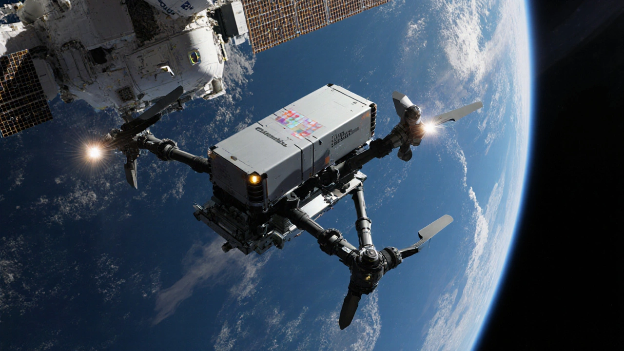 Robotic cargo drone autonomously docking with the ISS against Earth.