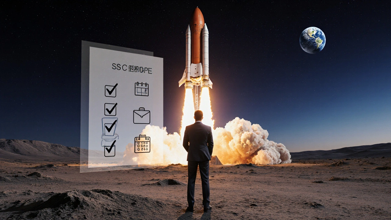 Silhouette of a person watches a Starship launch on a barren plain with a faint checklist overlay.