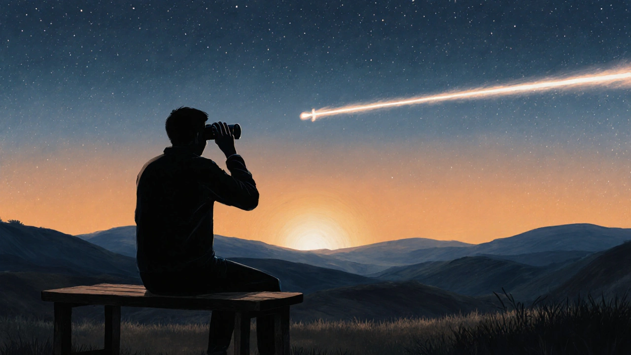Sky‑watcher uses binoculars to track a bright satellite streak at dawn.