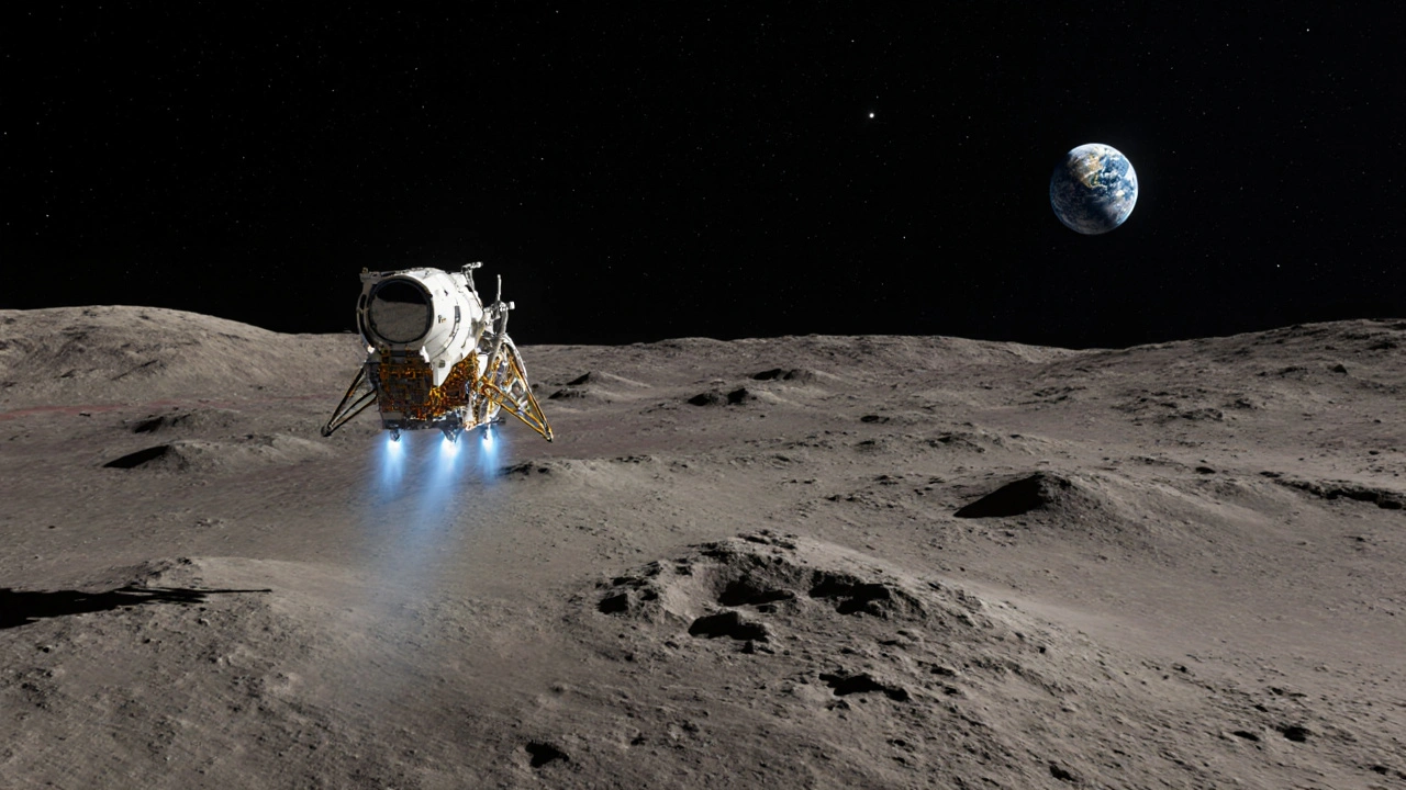 Spacecraft flying past the Moon’s far side with Earth visible in the distance.