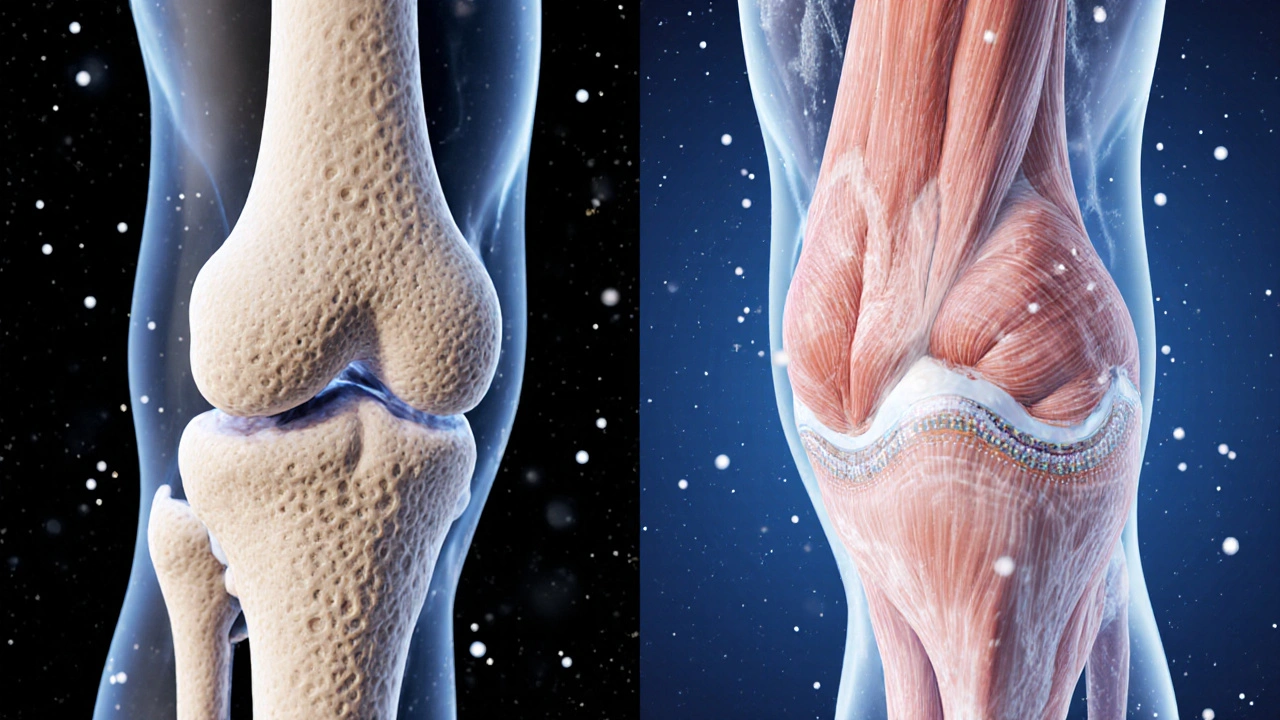 Split illustration of porous femur and thinned thigh muscle indicating bone loss and atrophy.