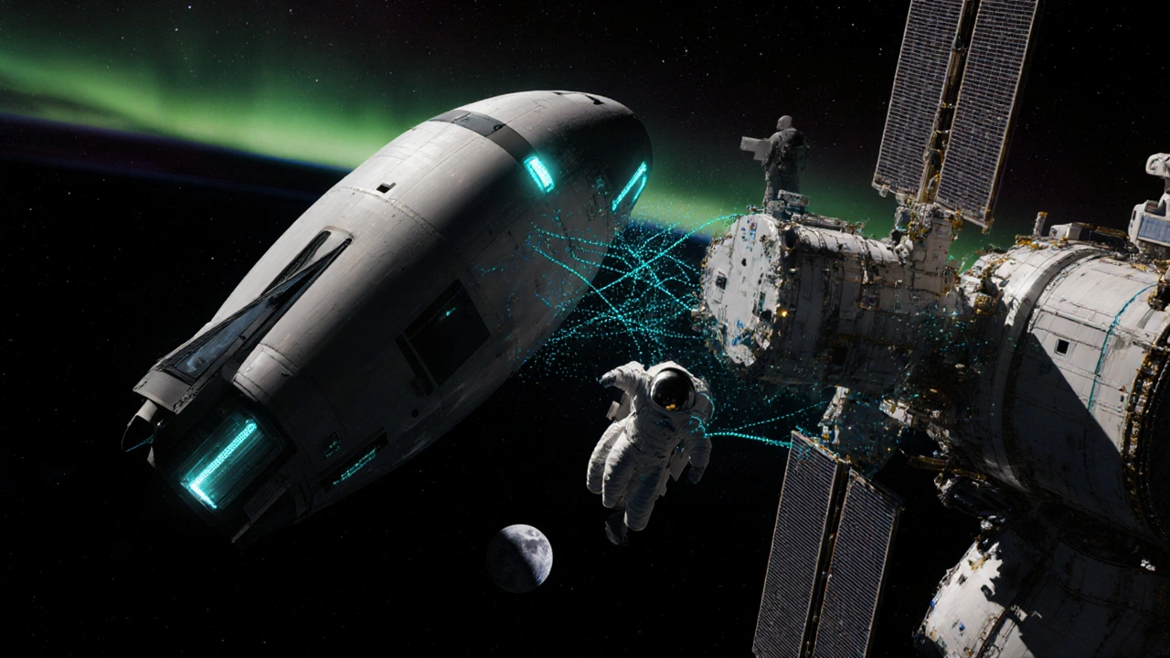 Starship and CrewDragon docked to the ISS with holographic data overlay.
