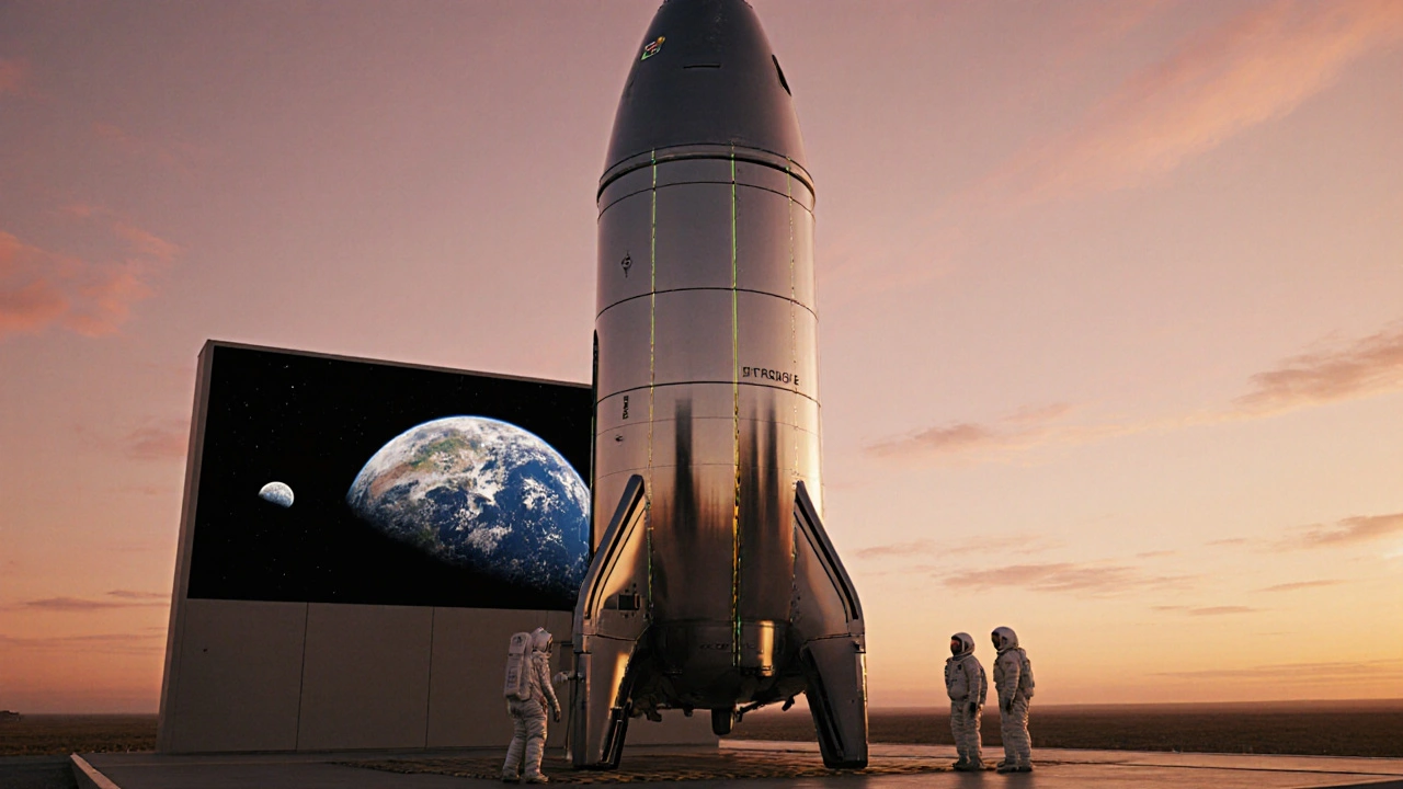 Starship on launch pad at sunrise with crew preparing for a lunar flyby.