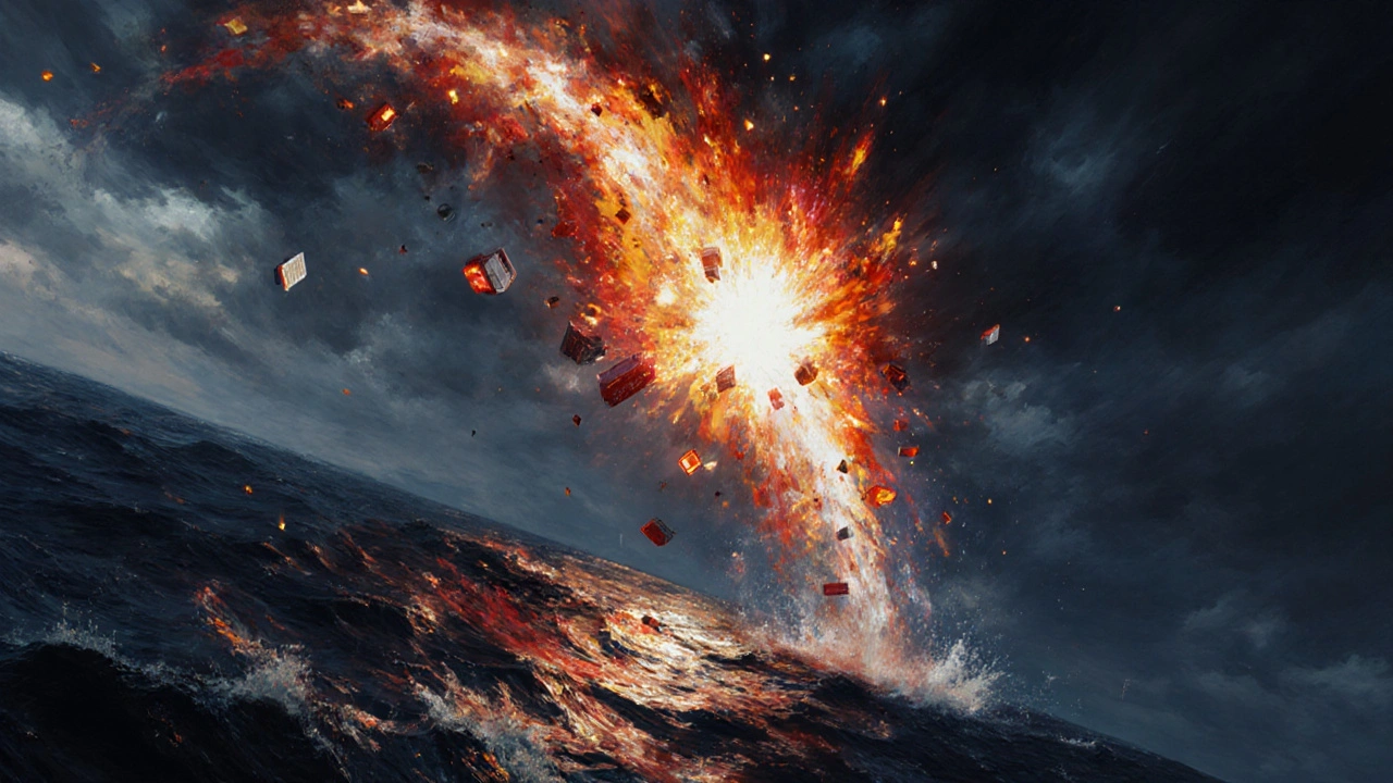 Tiangong‑1 burning up over a dark ocean, fireball and scattered glowing debris in the sky.