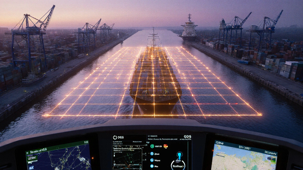 Watercolor of a cargo ship at dusk with glowing DGPS correction overlay and HUD indicating sub‑metre accuracy.