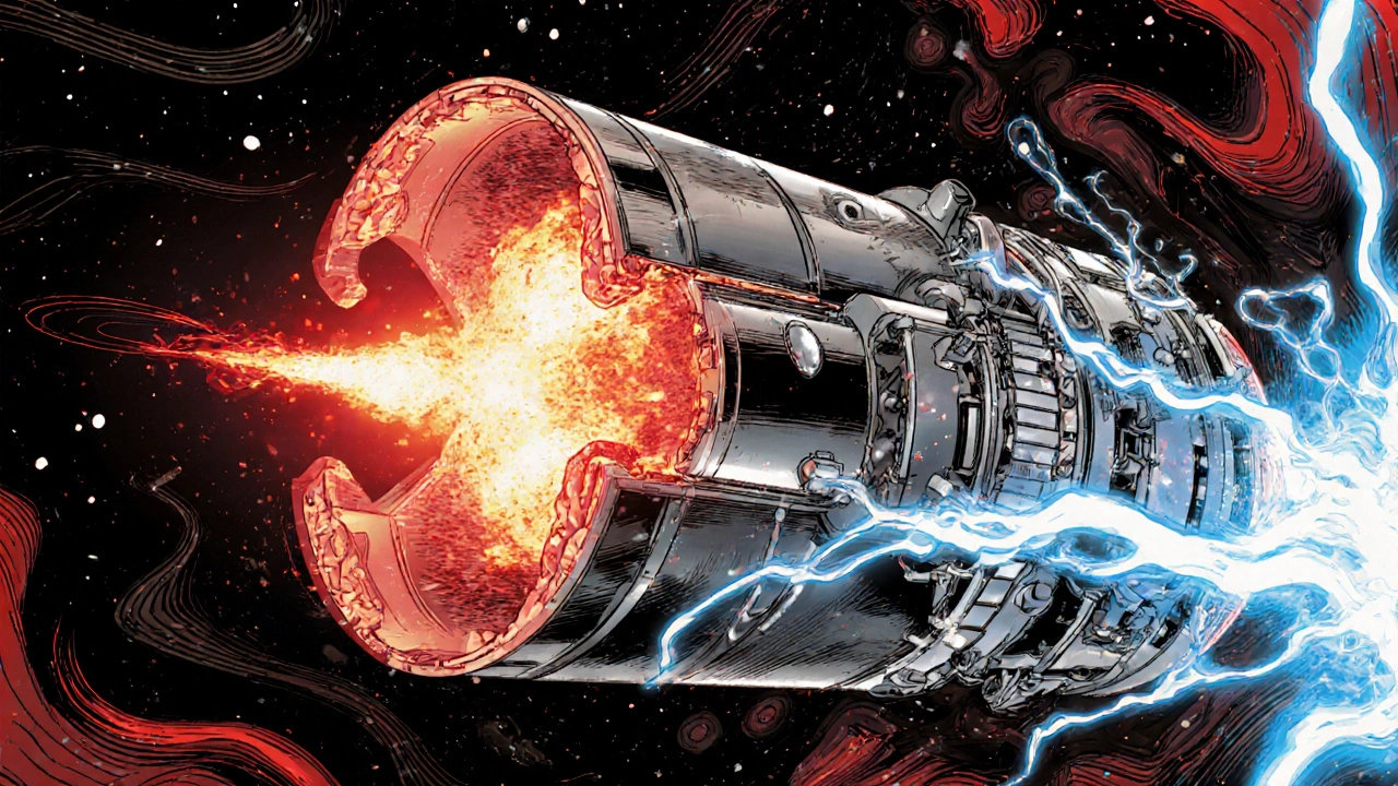 3D-printed Raptor engine cross-section glowing with intense heat and plasma flow.