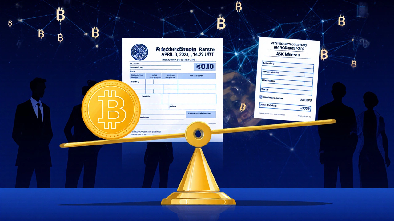 A balanced scale with Bitcoin and tax documents, surrounded by a blockchain network, symbolizing IRS compliance for mining income.