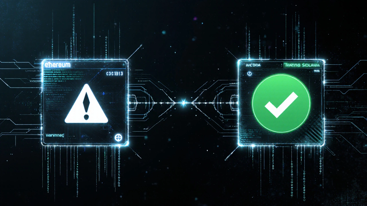 A cross-chain transaction bridge with warning and confirmation symbols in a cyberpunk digital interface.