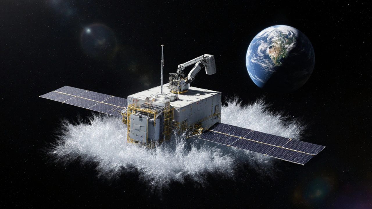 A cryogenic depot at Earth-Moon Lagrange Point 2, surrounded by ice crystals, with Moon and Earth visible in distance.