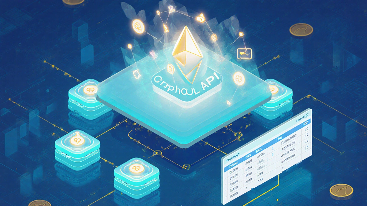 A decentralized network of indexers transforming raw blockchain data into structured GraphQL APIs with glowing entities.