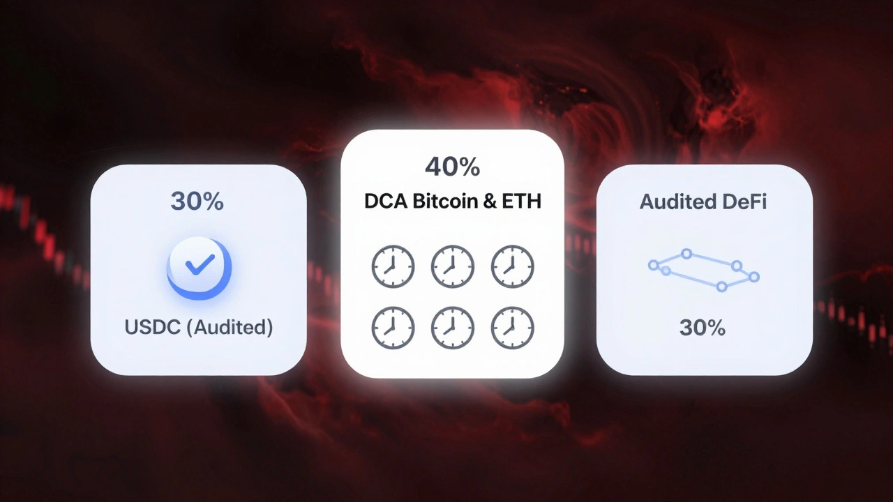 A digital wallet divided into three parts: stablecoins, DCA crypto purchases, and audited DeFi yield, floating above a turbulent market.